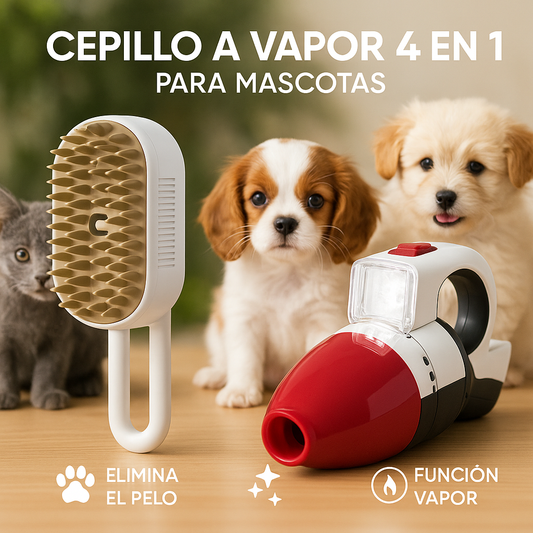 VapoPet™ - Cepillo a Vapor 4 en 1 Para Mascotas + Mini Aspirador Portátil GRATIS